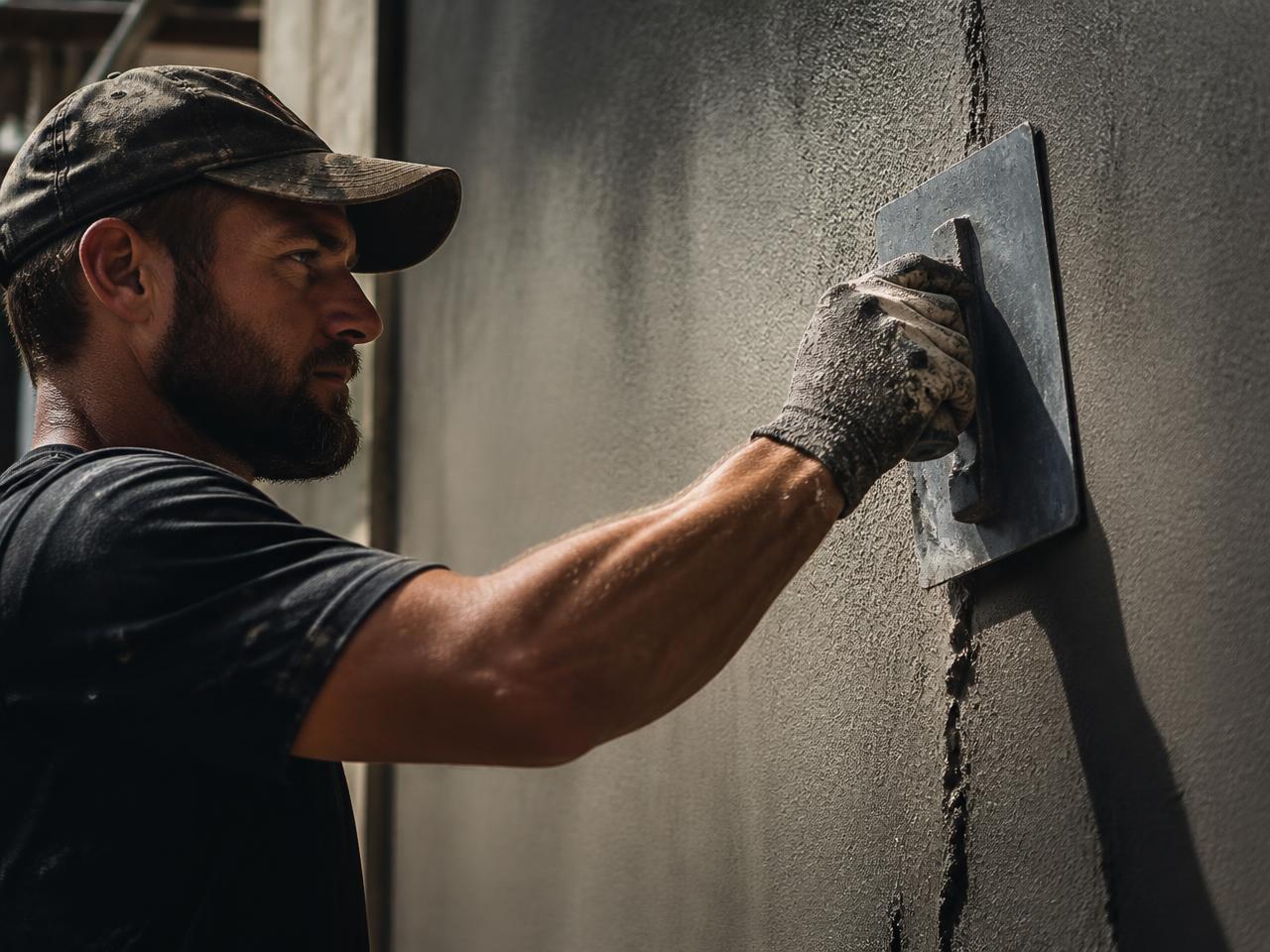 Craftsman troweling a smooth stucco finish onto an exterior wall