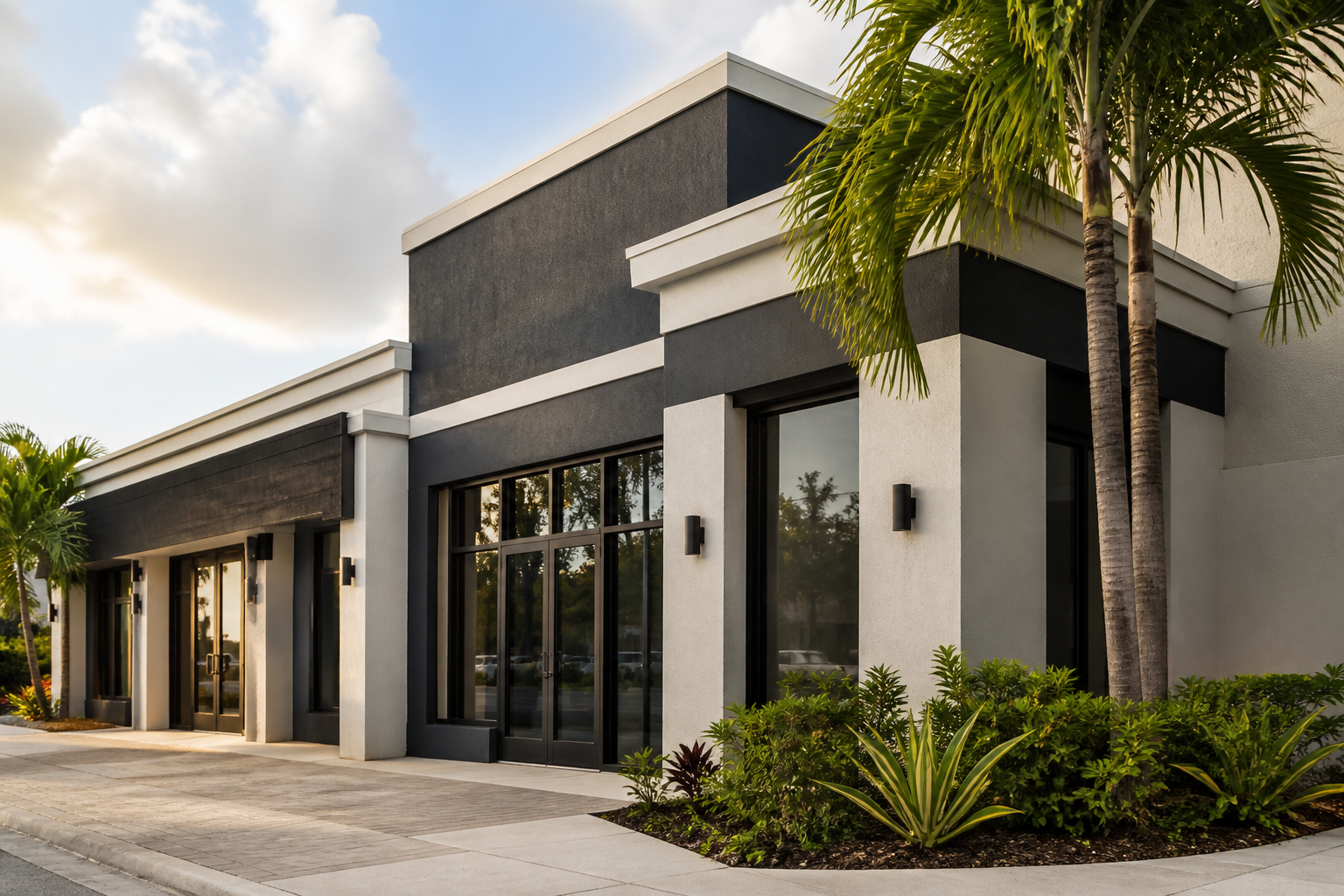 Commercial storefront exterior with charcoal and light gray stucco and black storefront glazing
