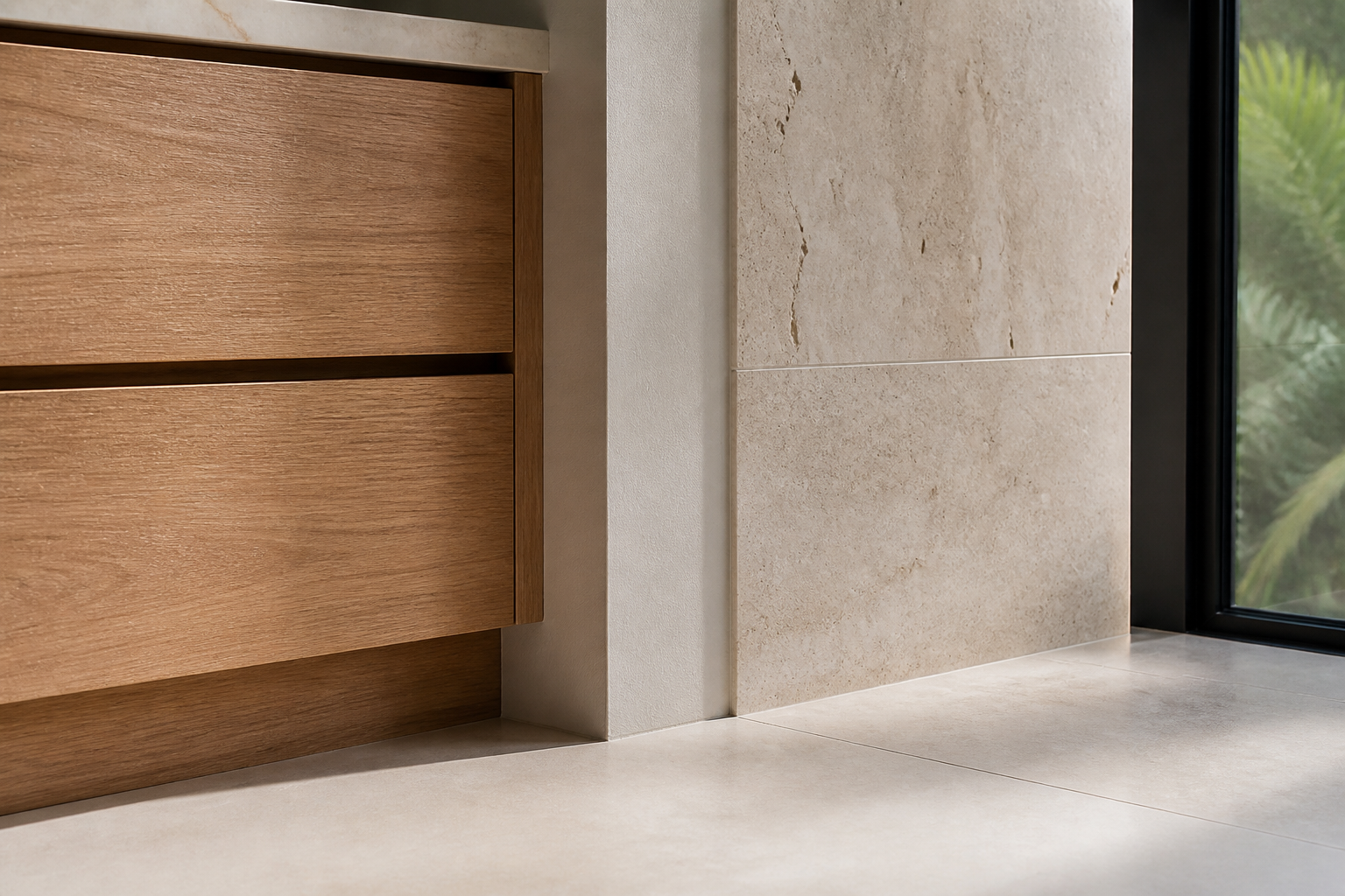 Architectural finish detail with white oak, large-format stone wall panel, and honed floor