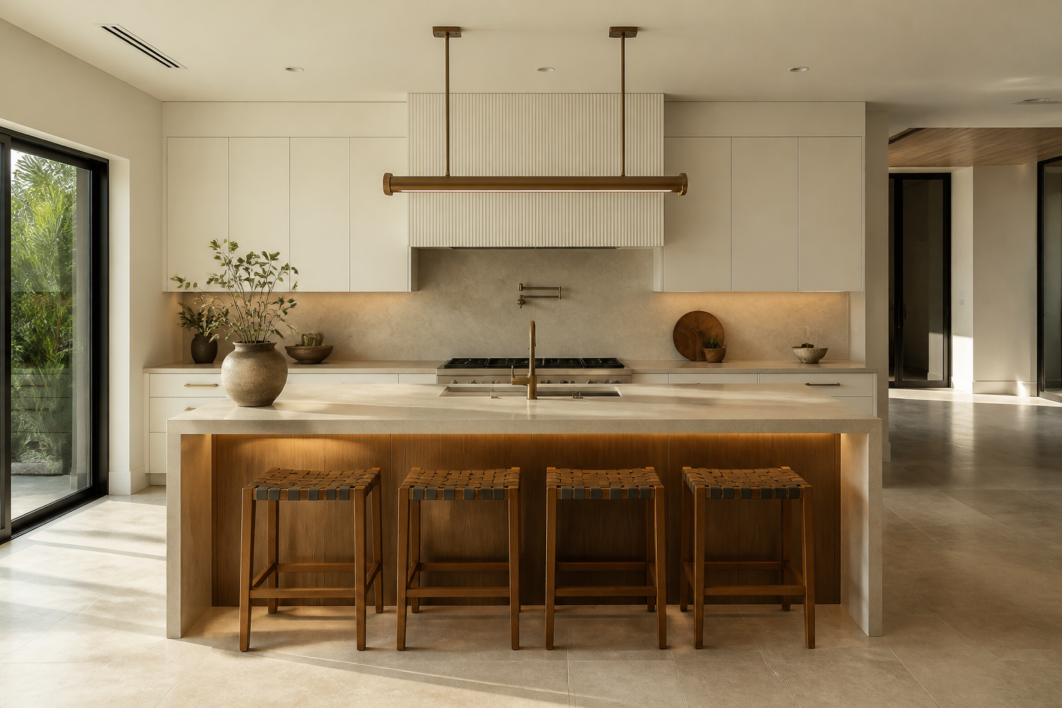 Renovated kitchen with flat-panel ivory cabinetry, stone island counter, and warm metal details