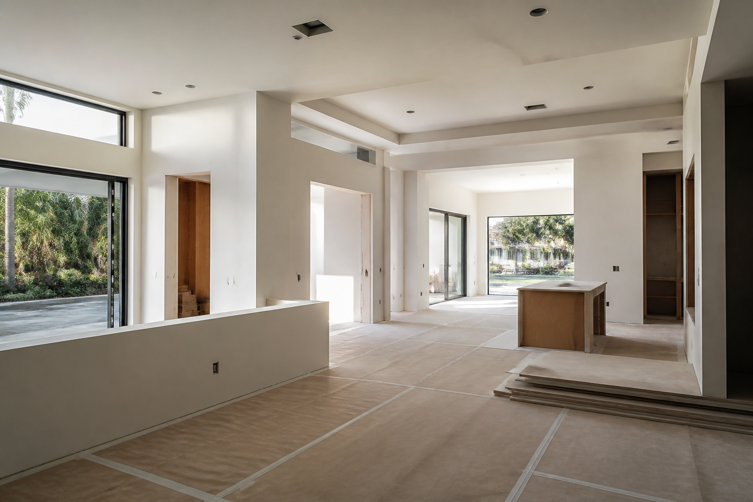 Open interior of a home mid-renovation with finished white walls and protected floors