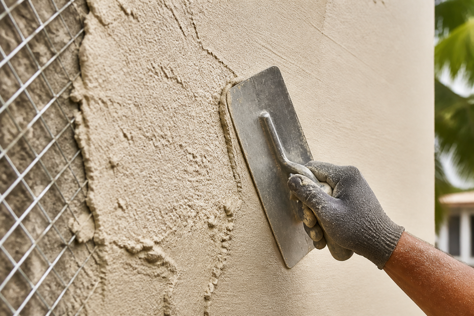 Gloved hand drawing a steel trowel across fresh stucco render over wire lath